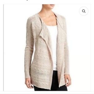 Athleta 100% Extra Fine Merino Wool Open Front Tan Cable Knit Cardigan Xs